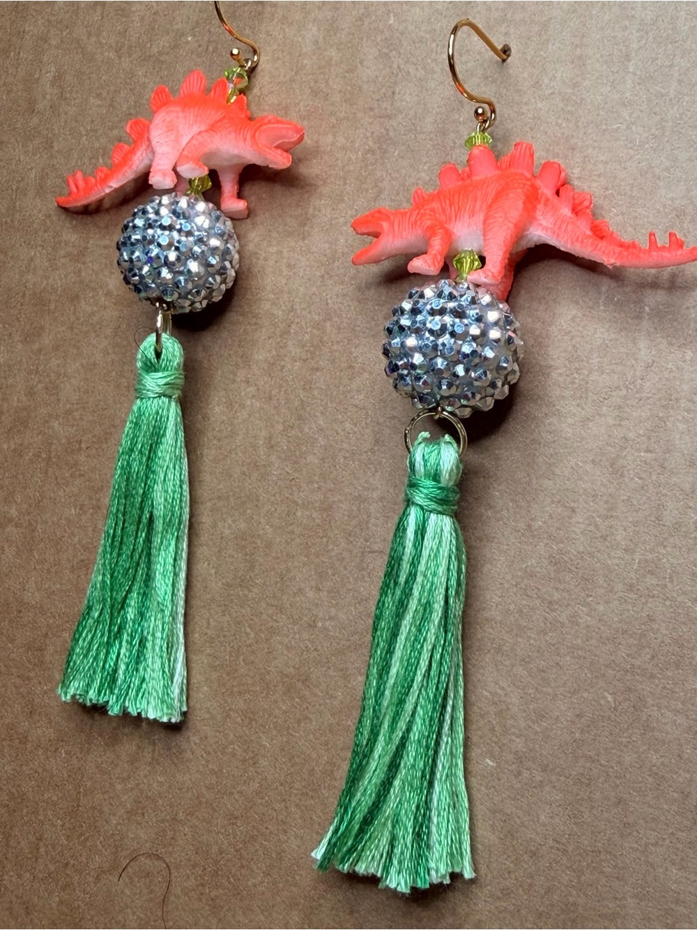 Disco Orange  Dinosaur Tassel Earrings with Green Fringe